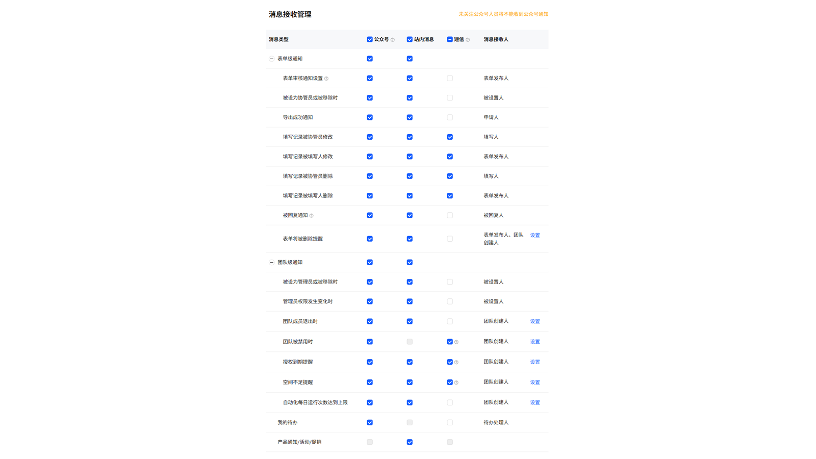 消息接收管理设置